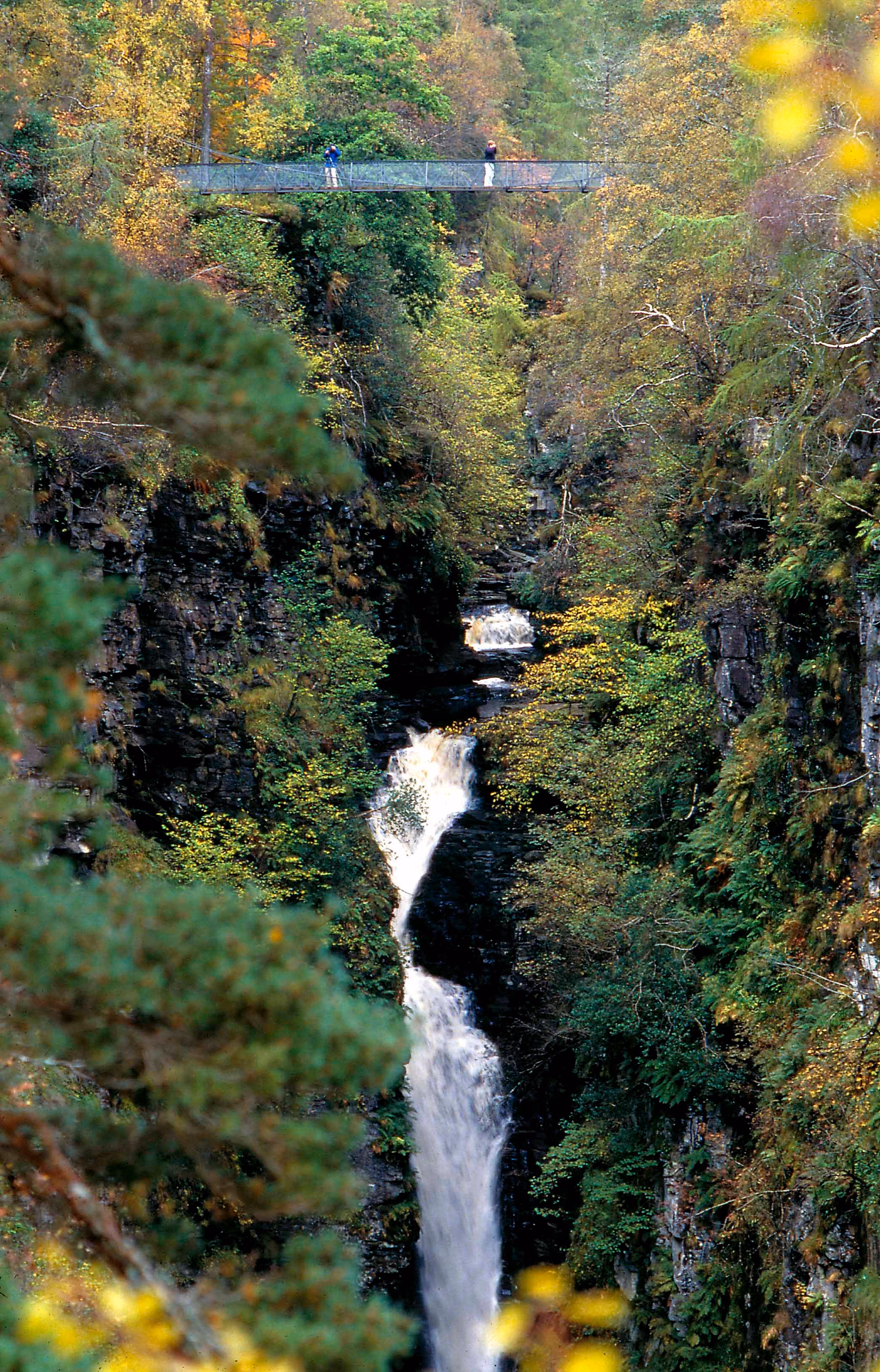The Falls of Measach dropping into Corrieshalloch Gorge in autumn, rock walls on both sides and birch turning yellow above