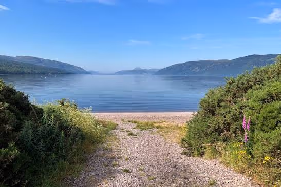 The shingle path down to the water at Dores, gorse on both sides and the loch running away south-west
