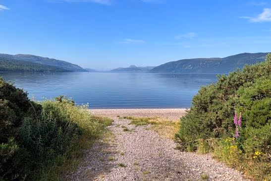 The shingle path down to the water at Dores, gorse on both sides and the loch running away south-west