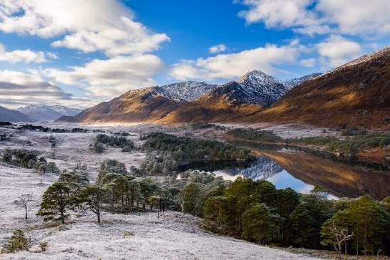 Glen Affric under frost, snow on the tops and the pinewood reflected in the still loch